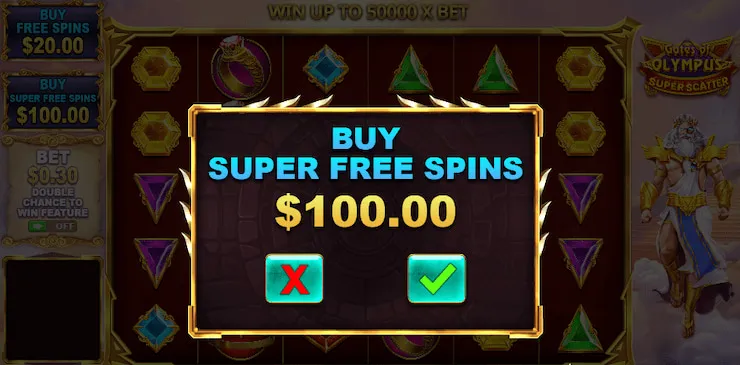 Gates of Olympus Super Scatter Buy Super Free Spins prompt on a Gates of Olympus slot machine